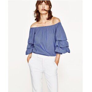 Zara Blue Striped Ruched / Gathered Sleeve Off Shoulder  Blouse / Shirt / Top